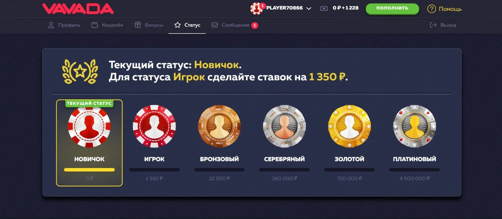 Статус игрока Вавада